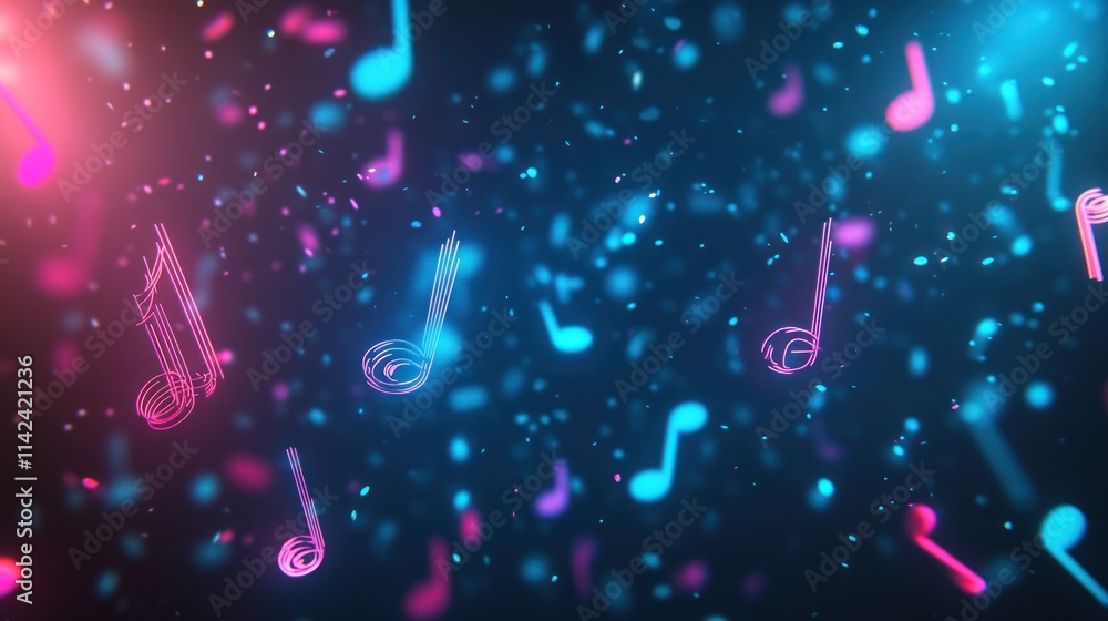 Poster loopable background of twitching musical notes, dynamic and rhythmic, featuring glowing notes and sy