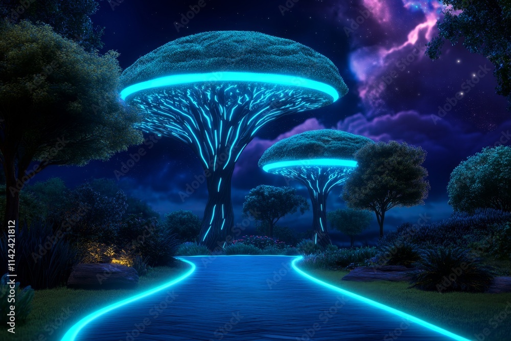 Poster a futuristic forest with glowing, bioengineered trees, their trunks pulsating with neon light, set i