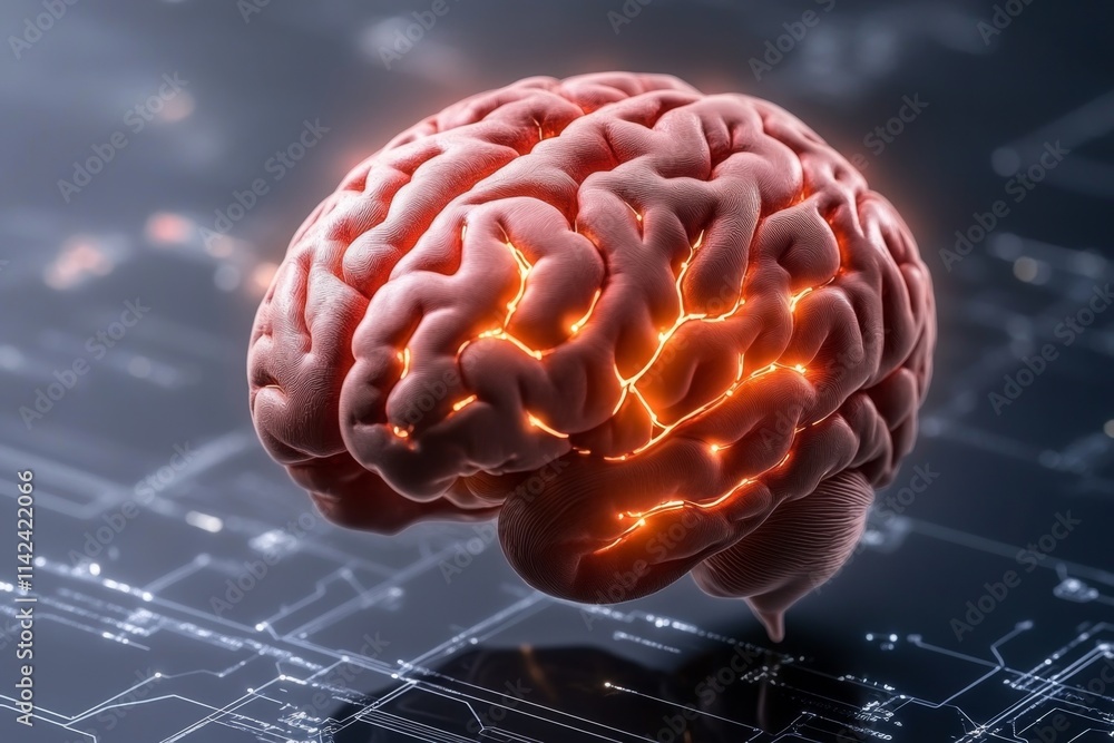 Poster A futuristic scene of a human brain with glowing neural pathways, symbolizing focus and thought, set against a high-tech digital interface