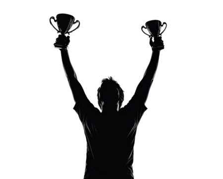 Silhouette of a person celebrating victory with trophies, white isolate background.