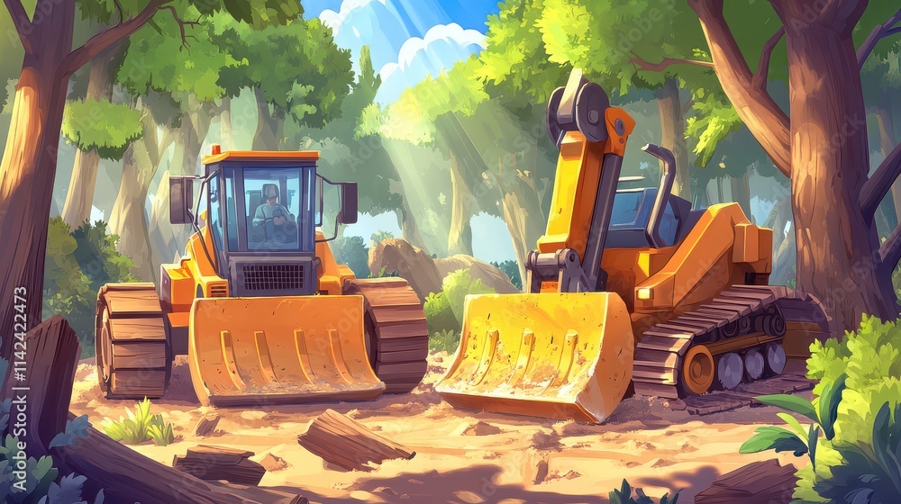 Poster heavy machinery working in lush forest environment with sunlight filtering through trees, showing ex