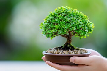 A gardener tending to a bonsai tree, trimming its branches with meticulous attention to detail in a tranquil setting