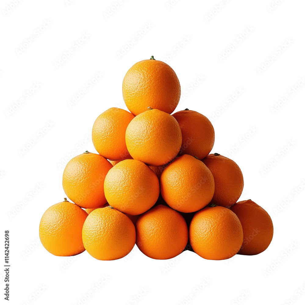 Poster a pyramid of vibrant oranges stacked neatly in a visually appealing arrangement on white background 