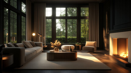 Fototapeta premium Luxurious living room with large windows showcasing nature at dusk
