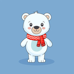 Cute Polar bear wearing Scarf with blue background.