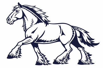 Clydesdale Horse, A draft horse with feathered hooves, representing strength vector silhouette on a white background