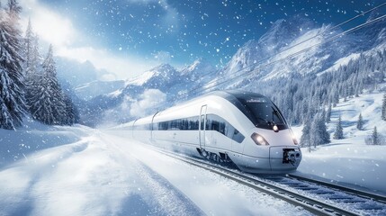 Naklejka premium A high-speed train gliding through snow-covered landscapes, with passengers gazing out at the serene winter scenery