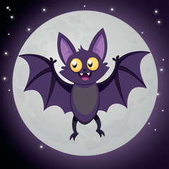 Cute and funny Bat. Baby black bat flying in front of moon. Vector illustration Bat character design with flat color. Can be used for design of t-shirts, Happy Halloween banner and characters.