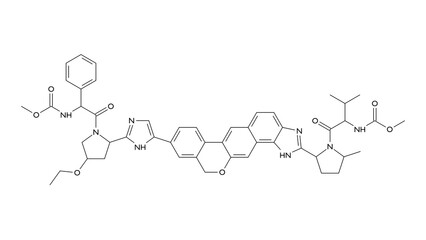 velpatasvir molecule, structural chemical formula, ball-and-stick model, isolated image antiviral molecule