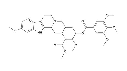 reserpine molecule, structural chemical formula, ball-and-stick model, isolated image antihypertensive agent