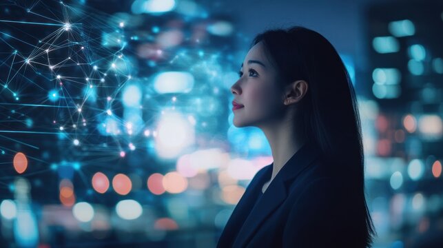 White businesswoman discussing AI technologies