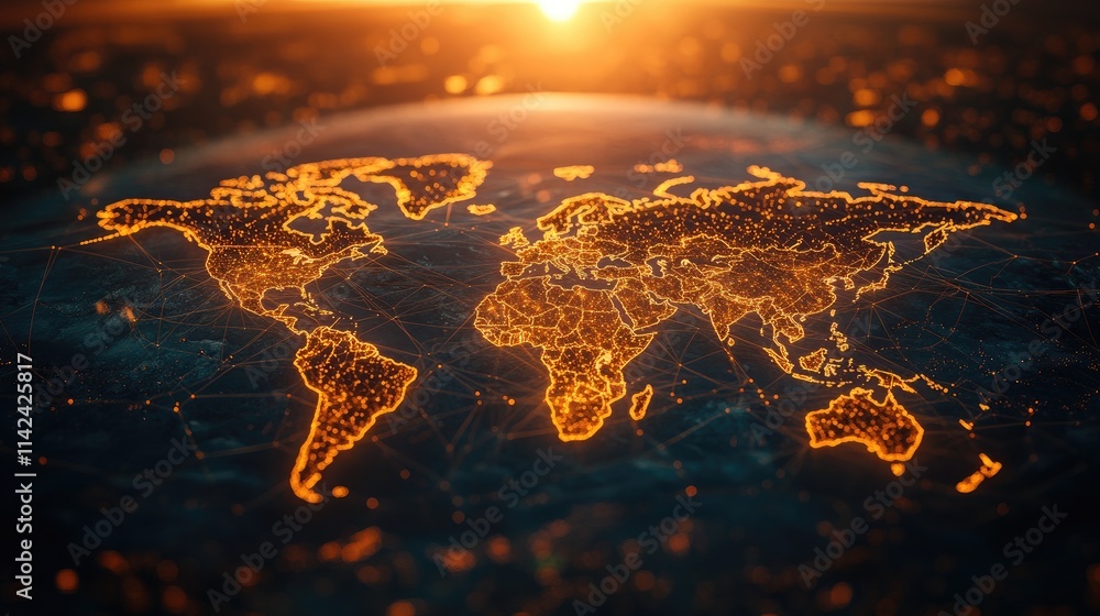 Poster illuminated world map with nodes and lines at sunset horizon