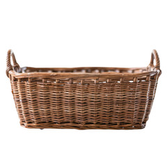 Obraz premium Rustic Woven Storage Basket: A natural, woven basket with two sturdy handles, ideal for storing items in a rustic farmhouse style. Perfect for adding a touch of warmth and charm to any space. 