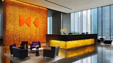 Elegant Modern Lobby Design with Bright Yellow Accent Wall and Furniture