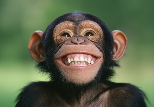 A charming close-up of a smiling chimpanzee, showcasing its playful nature and expressive face, capturing the essence of joy and connection in the animal kingdom.