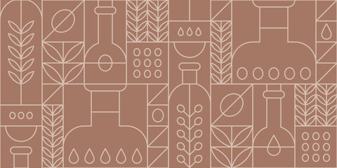 Geometric seamless pattern with cooking oil in bottles and tree leaves. Vector outline abstract background in modern linear style in mocha mousse color with seed and nut oils