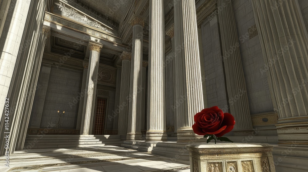 Poster elegant rose in classical architecture with majestic columns