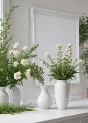 Fototapeta premium White frame with greenery and vase with flowers on table, home interior, chic living, fresh flowers