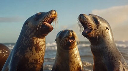 Fototapeta premium Sea lions on the shore looking as though they are talking to each other