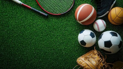 An assortment of sports equipment displayed on a vibrant green grass background,