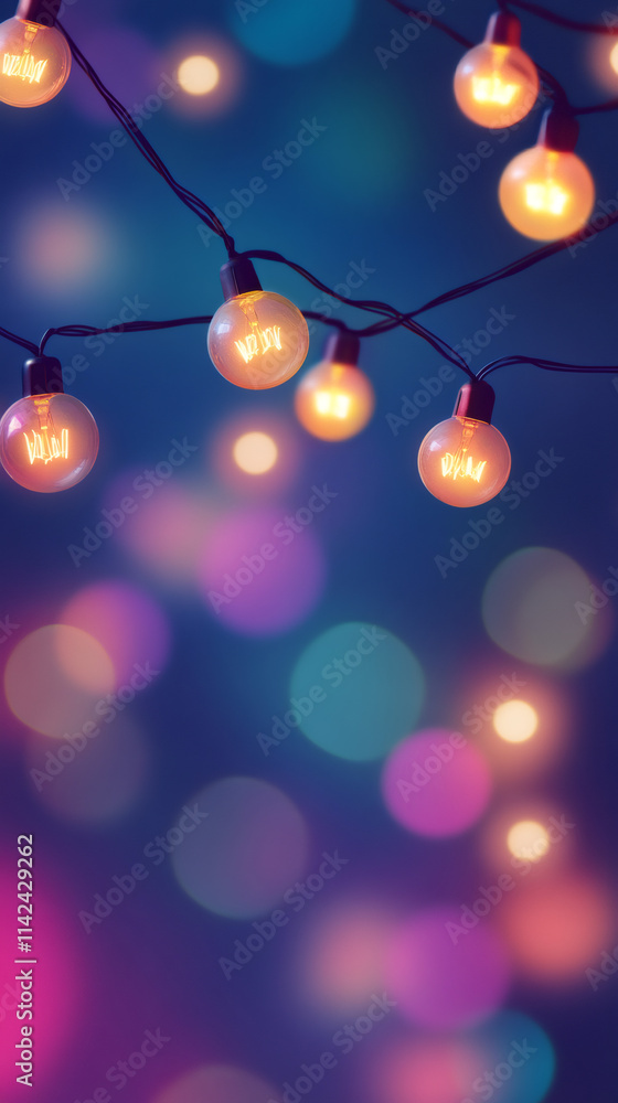 Poster festive ramadan atmosphere with warm light bulbs on a string and colorful bokeh background