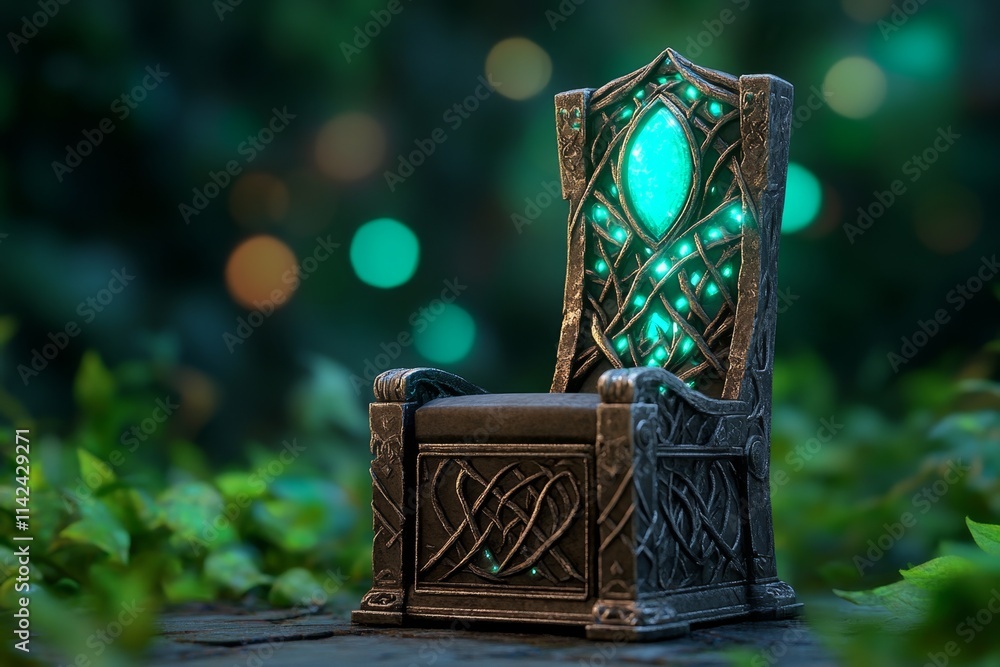 Poster a magical throne made of intertwined branches and gemstones, glowing softly in an enchanted forest w