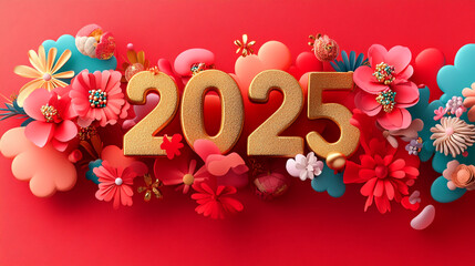 Colorful floral arrangement celebrating the arrival of 2025 with golden numbers and vibrant blooms