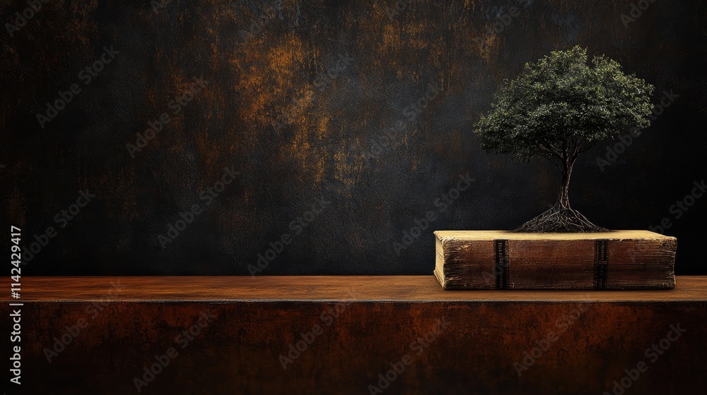 Poster tree growing from book on dark background with rustic texture