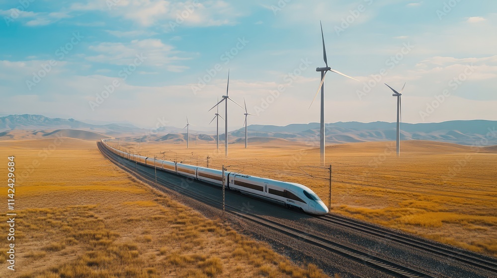 Poster a high-speed train in motion through a vast open plain, with wind turbines in the background symboli