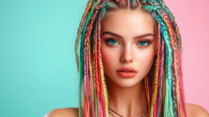 Radiant Portrait of Young Woman with Intricate Colorful Hair