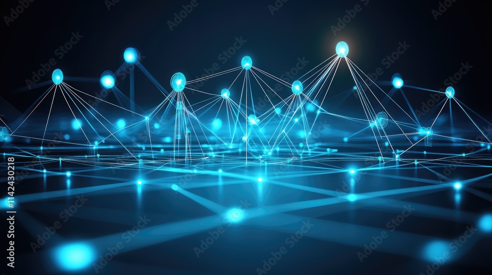 Poster abstract visual of digital connections with blue networking nodes
