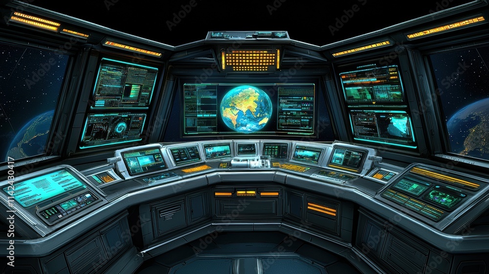 Poster futuristic spacecraft command center with interactive digital screens and controls