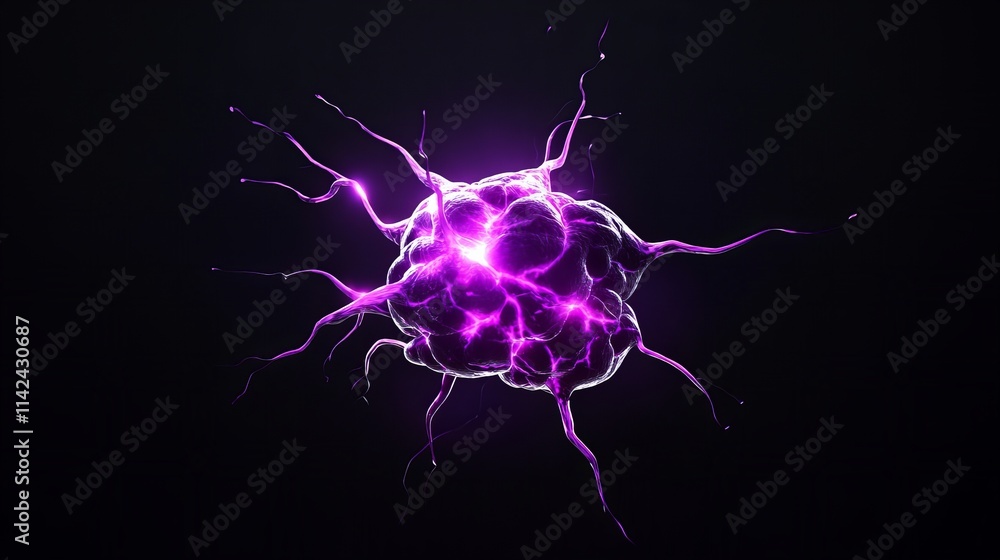 Poster intricate 3d render of a vibrant purple cell, glowing intensely against a stark black background. it