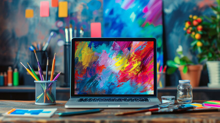 Artistic Laptop Setup with Vibrant Digital Screen