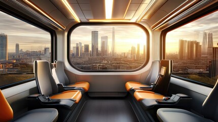 Fototapeta premium A high-speed train interior showing spacious, modern seating with large panoramic windows overlooking a vibrant cityscape