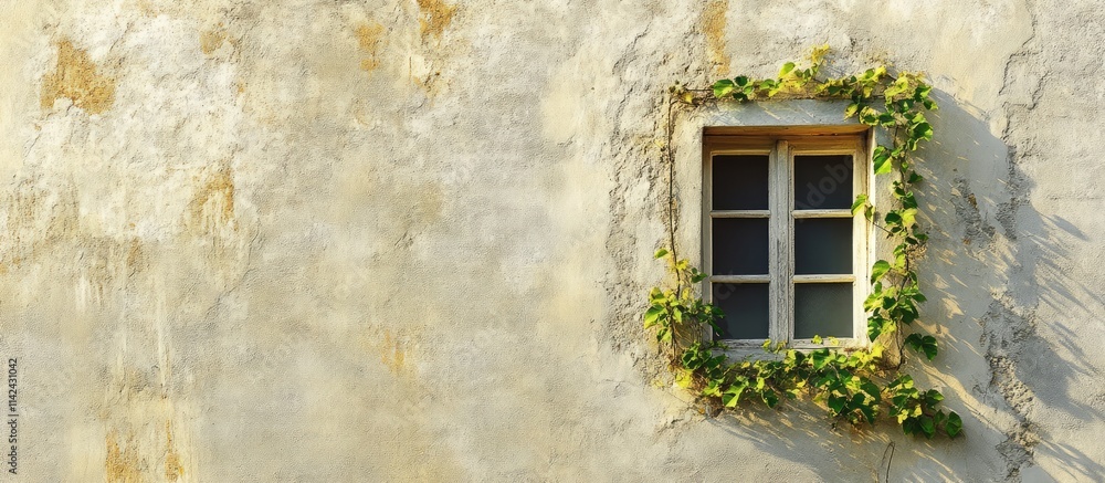 Poster charming small window framed by textured wall with ivy showcasing contrast in scale and architectura