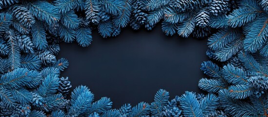 Blue fir tree frame festive background for holiday decorations and seasonal greetings with space for text.