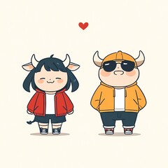 Adorable Cartoon Bulls in Love: A Cute Couple