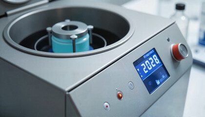 Fototapeta premium Centrifuge machine with tubes and sleek digital interface in lab, World Laboratory Day
