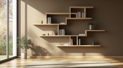 Fototapeta premium Contemporary Wooden Bookshelf with Open Spaces and Natural Light
