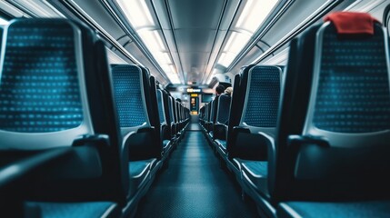 Fototapeta premium A high-speed train interior in economy class, with modern yet simple seating, overhead luggage racks, and ample legroom