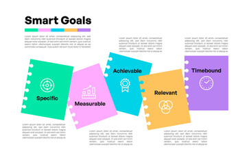 SMART Goals Infographic with Tear-Off Note Paper Icons and Descriptive Layout