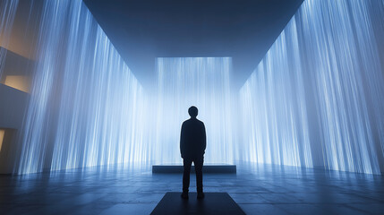 Fototapeta premium Immersive multisensory art installation with glowing blue light beams