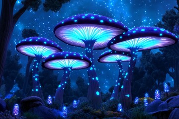 Fototapeta premium A mystical forest scene with glowing mushrooms and bioluminescent plants lighting up the shadows