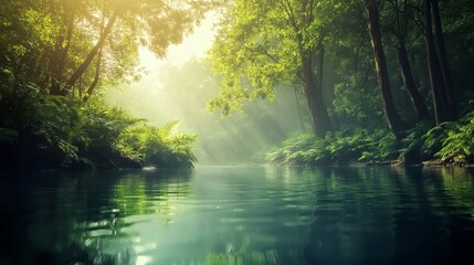 Obraz premium Tranquil River Scene Amidst Lush Forests