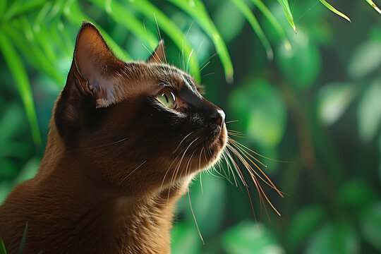 burmese cat photography, a captivating photo showcasing a burmese cat in its environment the rich chocolate fur contrasts beautifully with the green surroundings, emphasizing its striking appearance