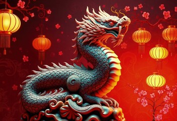 Fototapeta premium Chinese New Year Dragon Statue - Snake Statue - Chinese Perfect Background - Perfect Any Project