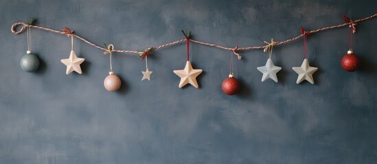 Elegant Christmas garland with star ornaments showcased on a gray wall ideal for festive holiday home decoration and seasonal atmosphere.