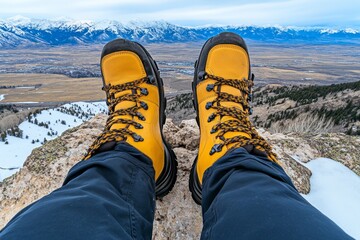 A pair of feet in hiking boots standing at the edge of a mountain cliff, with a panoramic view of the valley below