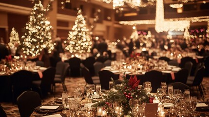 Christmas celebration dinner elegant banquet hall festive table setting cozy atmosphere warm lighting joyful gathering